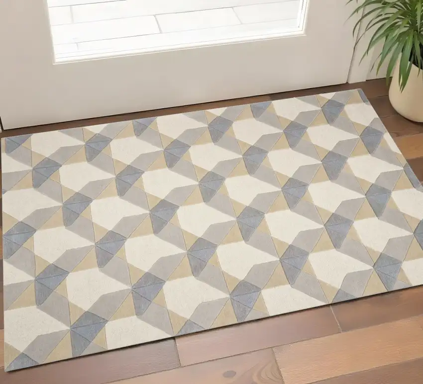 Ivory Gray And Cream Wool Geometric Area Rug Photo 1