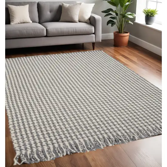 Ivory And Gray Wool Houndstooth Hand Woven Area Rug With Fringe Photo 1