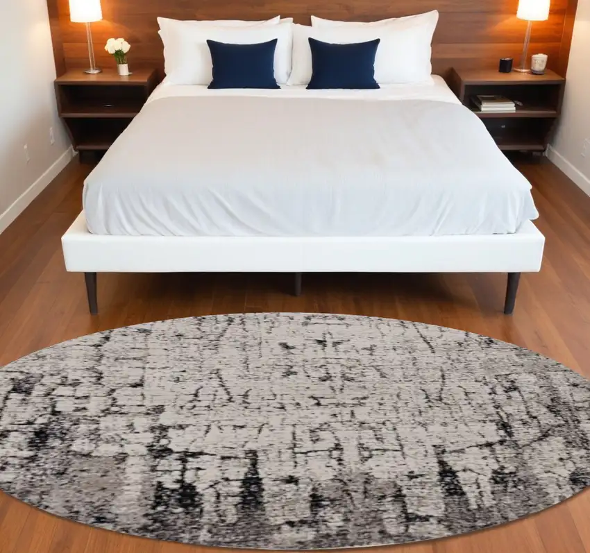 8' Gray and Ivory Round Area Rug Photo 1