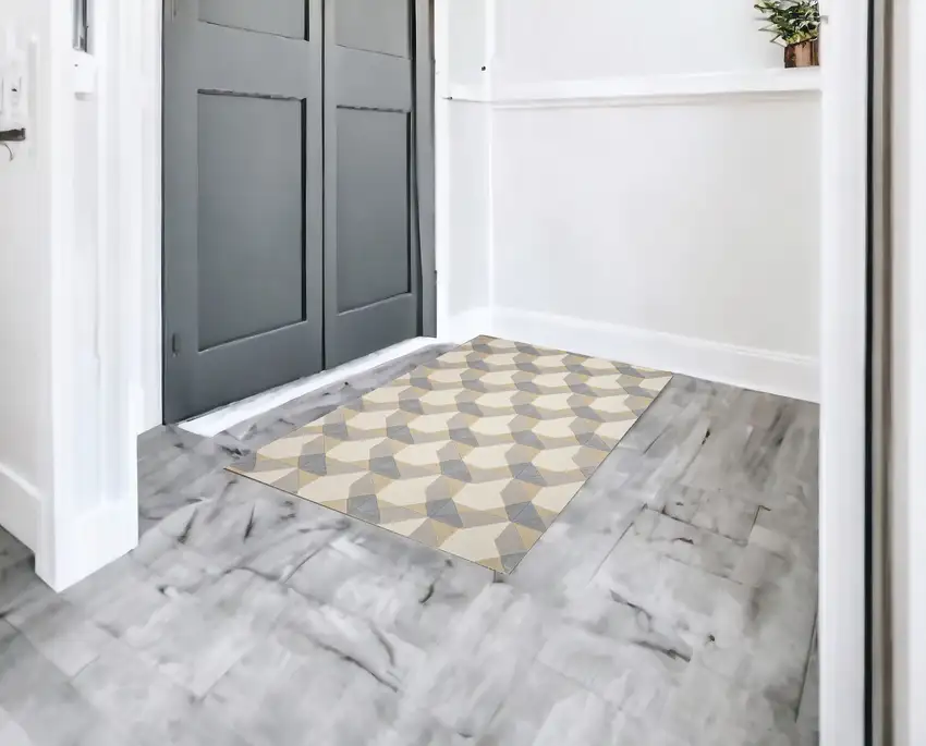 Ivory Or Grey Polygon Pattern Wool Area Rug Photo 1