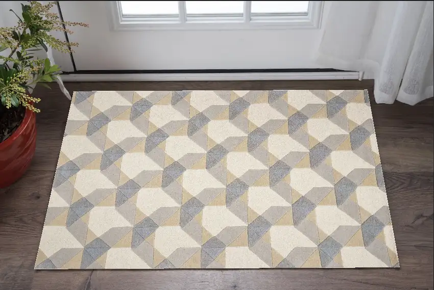 Ivory Or Grey Polygon Pattern Wool Area Rug Photo 2