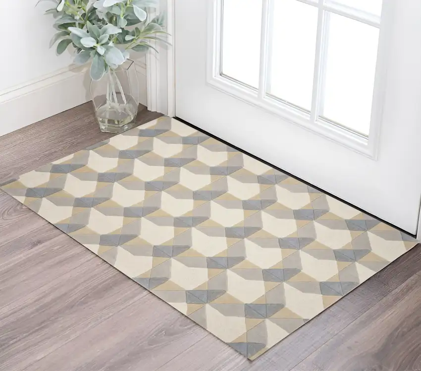 Ivory And Gray Wool Geometric Hand Tufted Area Rug Photo 1