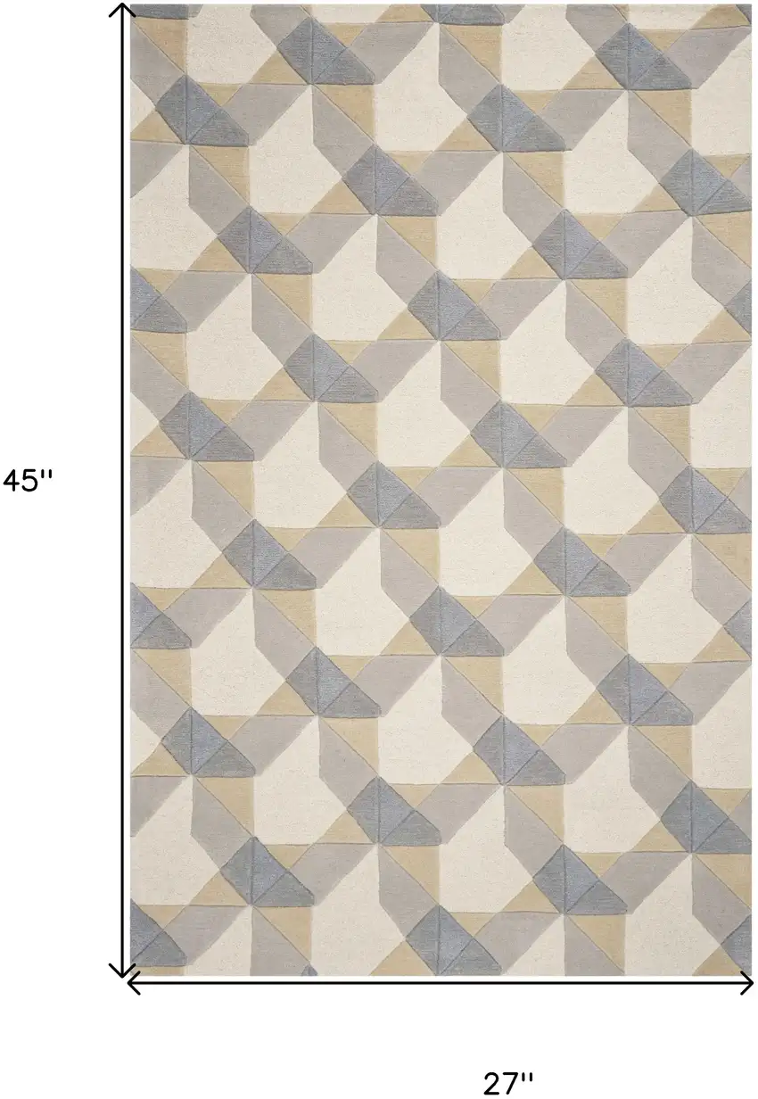 Ivory Or Grey Polygon Pattern Wool Area Rug Photo 3