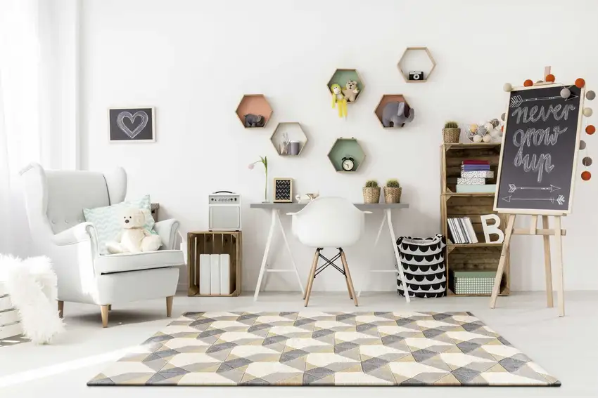 Ivory or Grey Polygon Pattern Wool Area Rug Photo 4