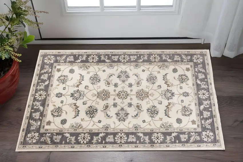 Gray and Ivory Floral Area Rug Photo 1