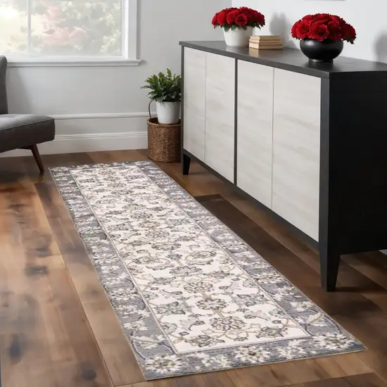 8' Gray And Ivory Floral Medallion Runner Rug Photo 1