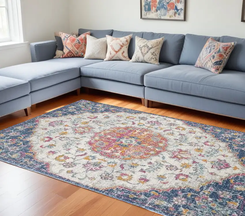Ivory and Blue Area Rug Photo 1
