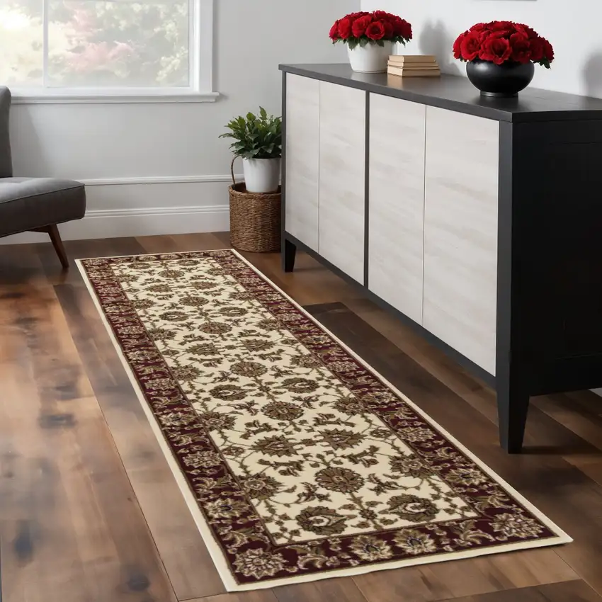 8' Red Ivory And Brown Floral Medallion Runner Rug Photo 1