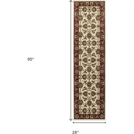 8' Red Ivory And Brown Floral Medallion Runner Rug Photo 3