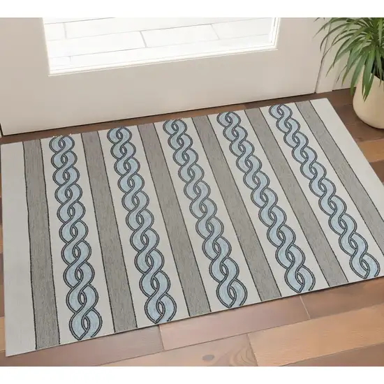 Ivory Light Blue And Gray Geometric Hand Hooked Worn/Fade Area Rug Photo 1