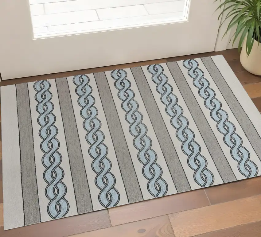 Ivory Light Blue And Gray Geometric Hand Hooked Worn/Fade Area Rug Photo 1