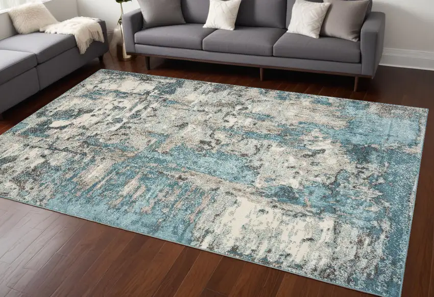 Ivory Or Teal Abstract Design Indoor Area Rug Photo 1