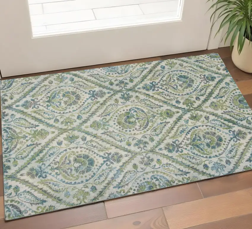 Green Ivory And Teal Medallion Area Rug Photo 1