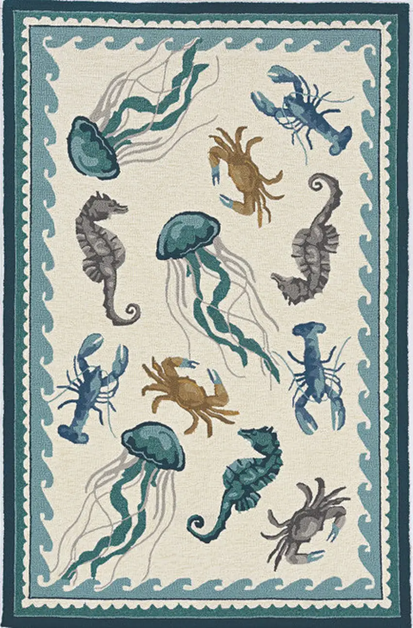 5' X 7' Ivory Or Teal Sea Creatures Indoor Outdoor Area Rug Photo 4