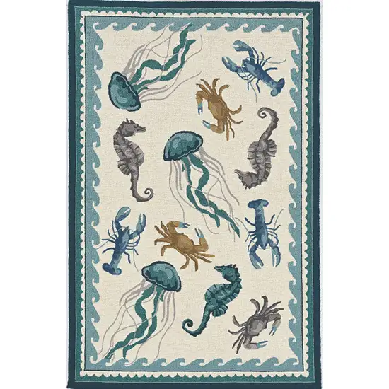 5' X 7' Ivory Or Teal Sea Creatures Indoor Outdoor Area Rug Photo 4