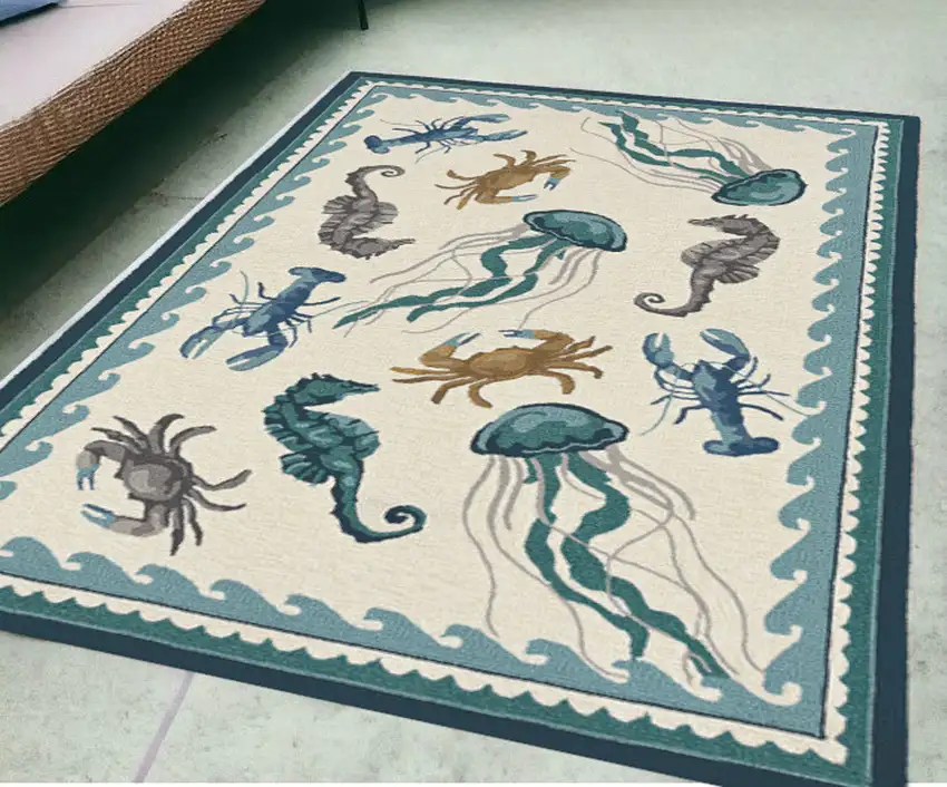 5' X 7' Ivory Or Teal Sea Creatures Indoor Outdoor Area Rug Photo 1