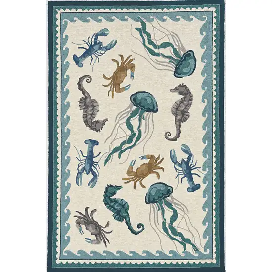 5' X 7' Ivory Or Teal Sea Creatures Indoor Outdoor Area Rug Photo 2