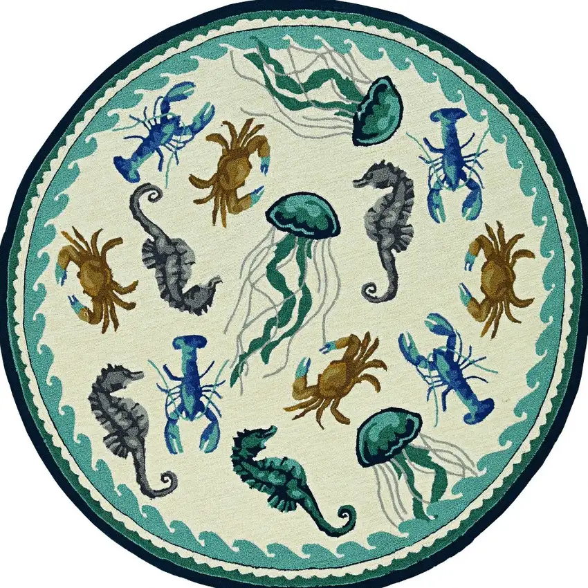 Ivory or Teal Sea Creatures Indoor Outdoor Area Rug Photo 3
