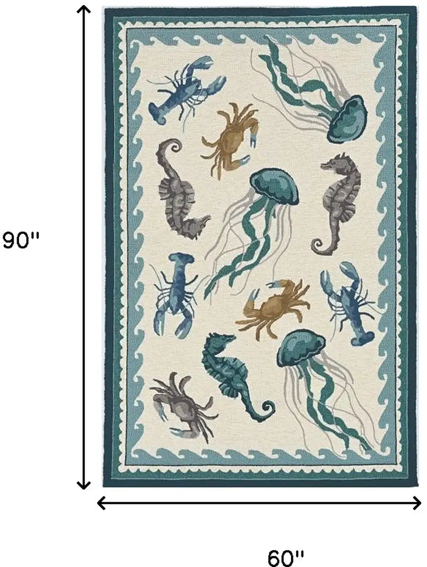 5' X 7' Ivory Or Teal Sea Creatures Indoor Outdoor Area Rug Photo 5