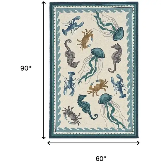 5' X 7' Ivory Or Teal Sea Creatures Indoor Outdoor Area Rug Photo 5