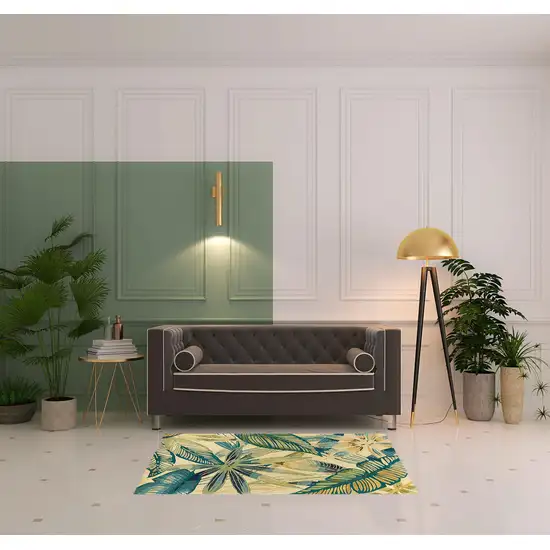Ivory or Teal Tropical Leaves Wool Indoor Area Rug Photo 3