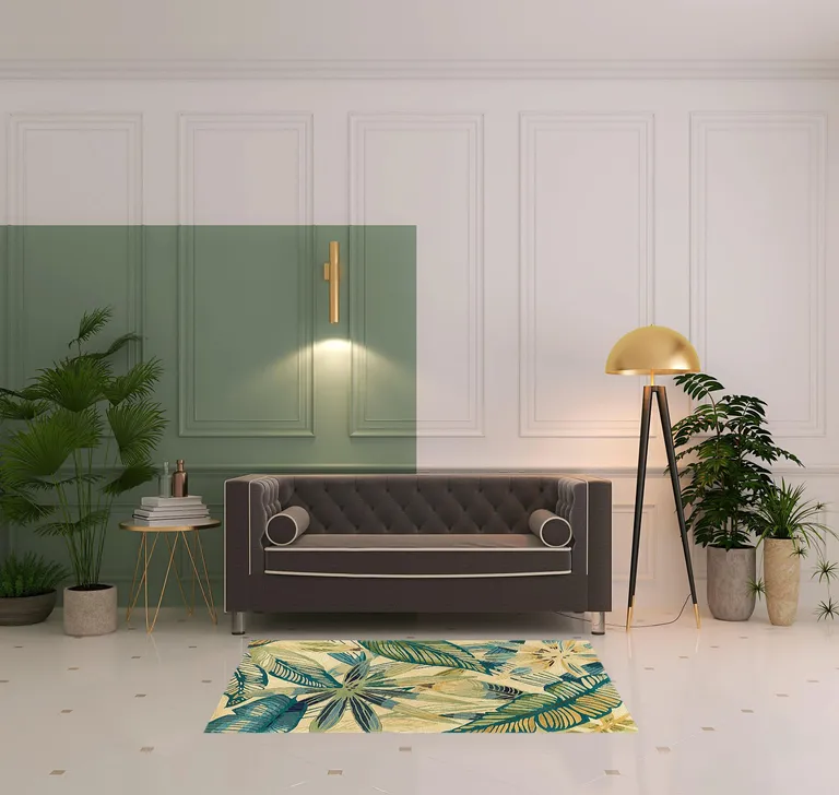 Ivory or Teal Tropical Leaves Wool Indoor Area Rug Photo 3