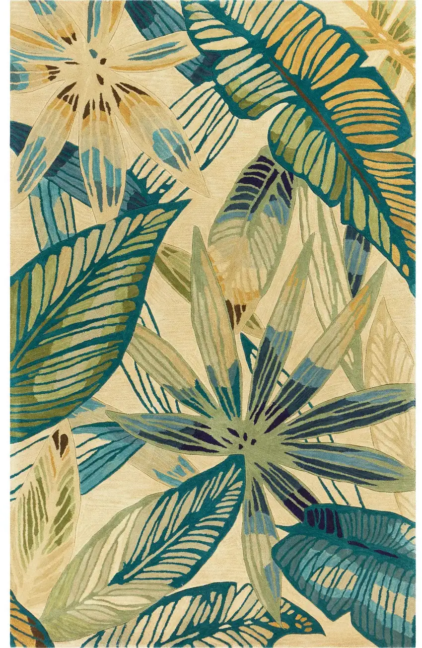 Ivory or Teal Tropical Leaves Wool Indoor Area Rug Photo 4