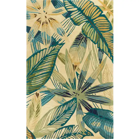 Ivory or Teal Tropical Leaves Wool Indoor Area Rug Photo 4