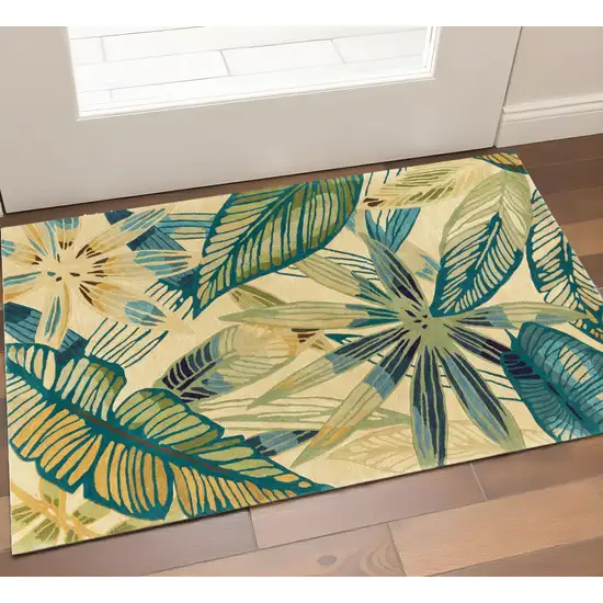 Ivory Teal And Green Wool Tropical Botanical Hand Tufted Area Rug Photo 1