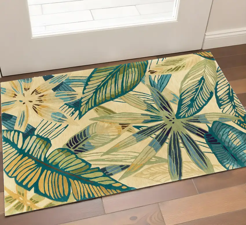 Ivory Teal And Green Wool Tropical Botanical Hand Tufted Area Rug Photo 1