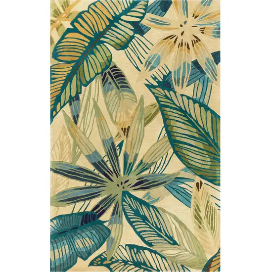 Ivory or Teal Tropical Leaves Wool Indoor Area Rug Photo 2