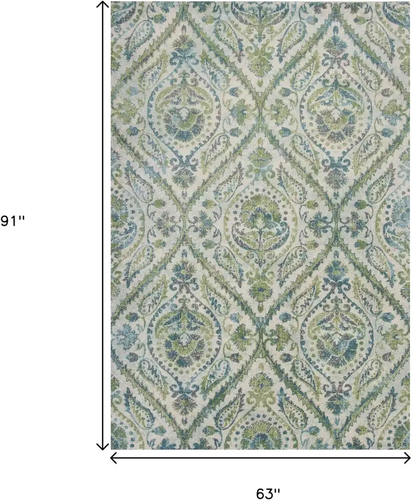 Green Ivory And Teal Medallion Area Rug Photo 3