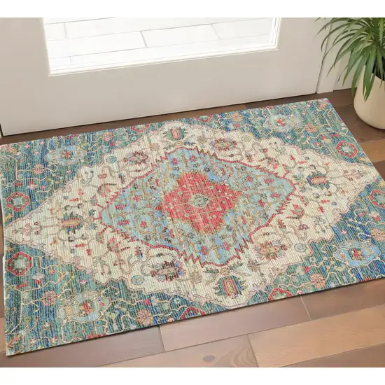 Blue Beige And Brick Red Jute Medallion Hand Woven Distressed Area Rug Photo 1