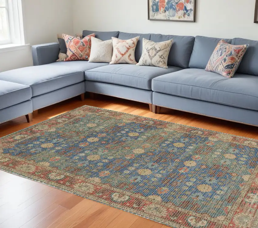Blue and Red Floral Medallion Hand Woven Area Rug Photo 1