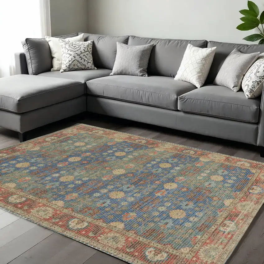 Blue Red And Beige Floral Medallion Hand Woven Area Rug Photo 1