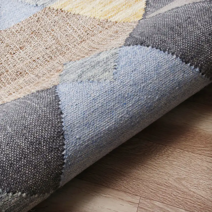 Blue Gray And Tan Geometric Hand Woven Area Rug With Fringe Photo 8