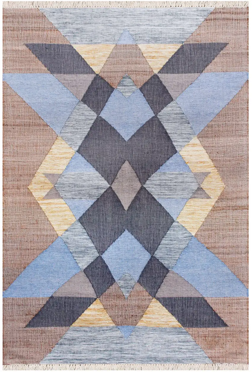 Blue Gray And Tan Geometric Hand Woven Area Rug With Fringe Photo 2