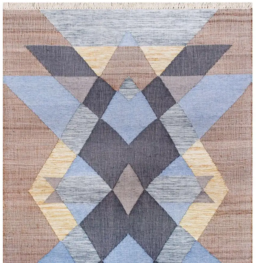 Blue Gray And Tan Geometric Hand Woven Area Rug With Fringe Photo 4
