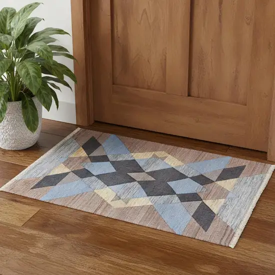 Blue Gray And Tan Geometric Hand Woven Area Rug With Fringe Photo 1