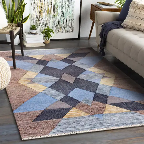Blue Gray And Tan Geometric Hand Woven Area Rug With Fringe Photo 5