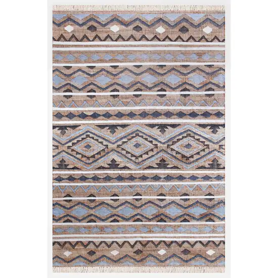 Blue Gray And Tan Geometric Hand Woven Area Rug With Fringe Photo 2