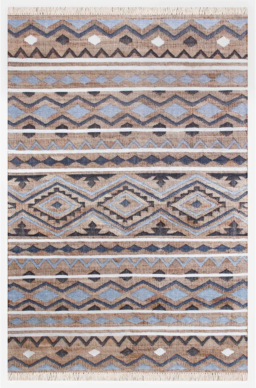 Blue Gray And Tan Geometric Hand Woven Area Rug With Fringe Photo 2