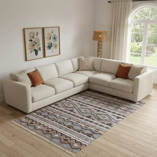 Blue Gray And Tan Geometric Hand Woven Area Rug With Fringe Photo 1