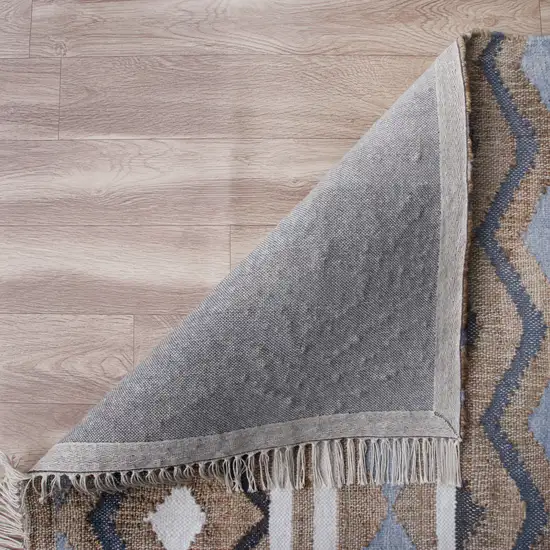 Blue Gray And Tan Geometric Hand Woven Area Rug With Fringe Photo 7