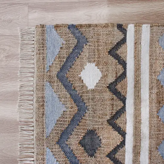 Blue Gray And Tan Geometric Hand Woven Area Rug With Fringe Photo 6