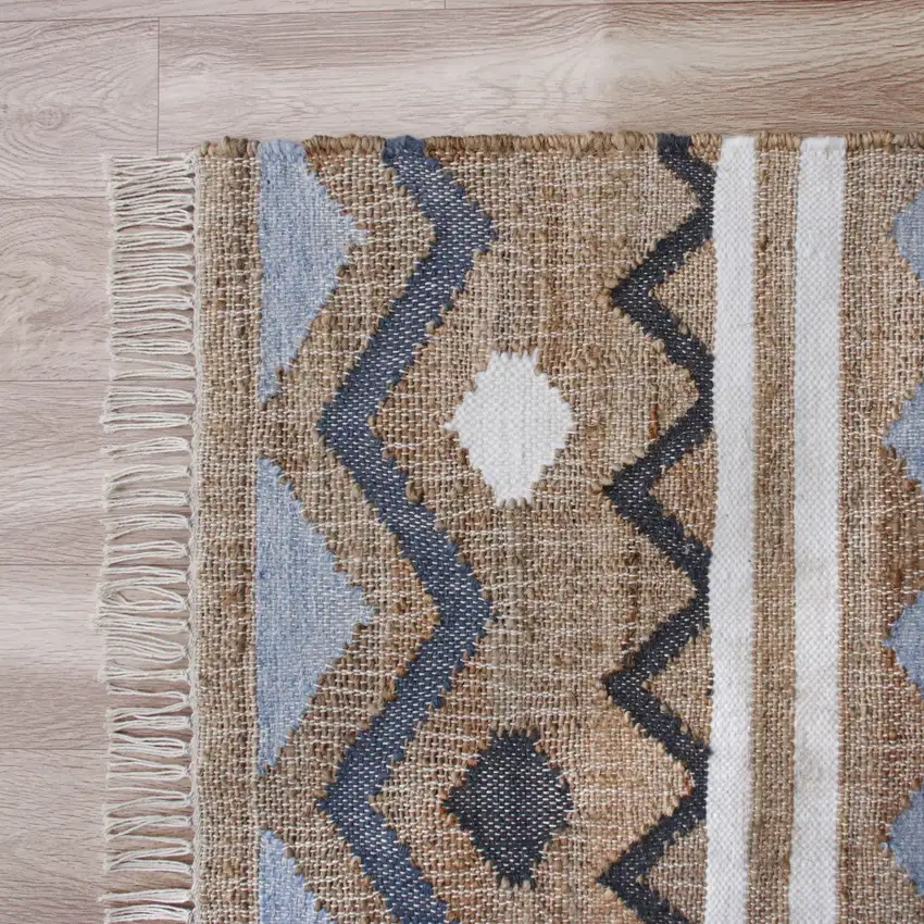 Blue Gray And Tan Geometric Hand Woven Area Rug With Fringe Photo 6