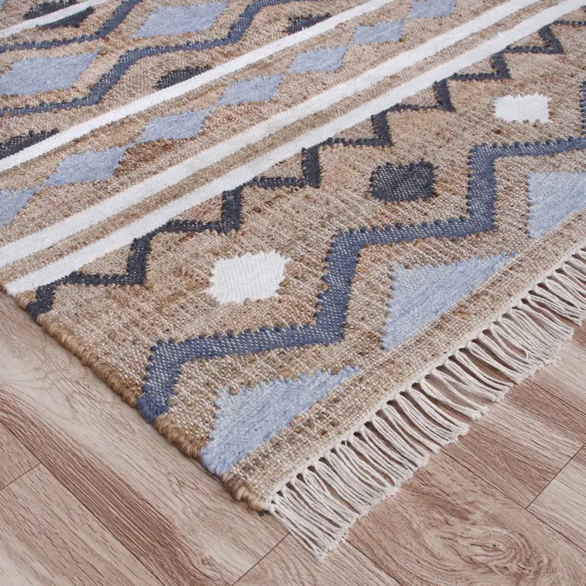 Blue Gray And Tan Geometric Hand Woven Area Rug With Fringe Photo 4