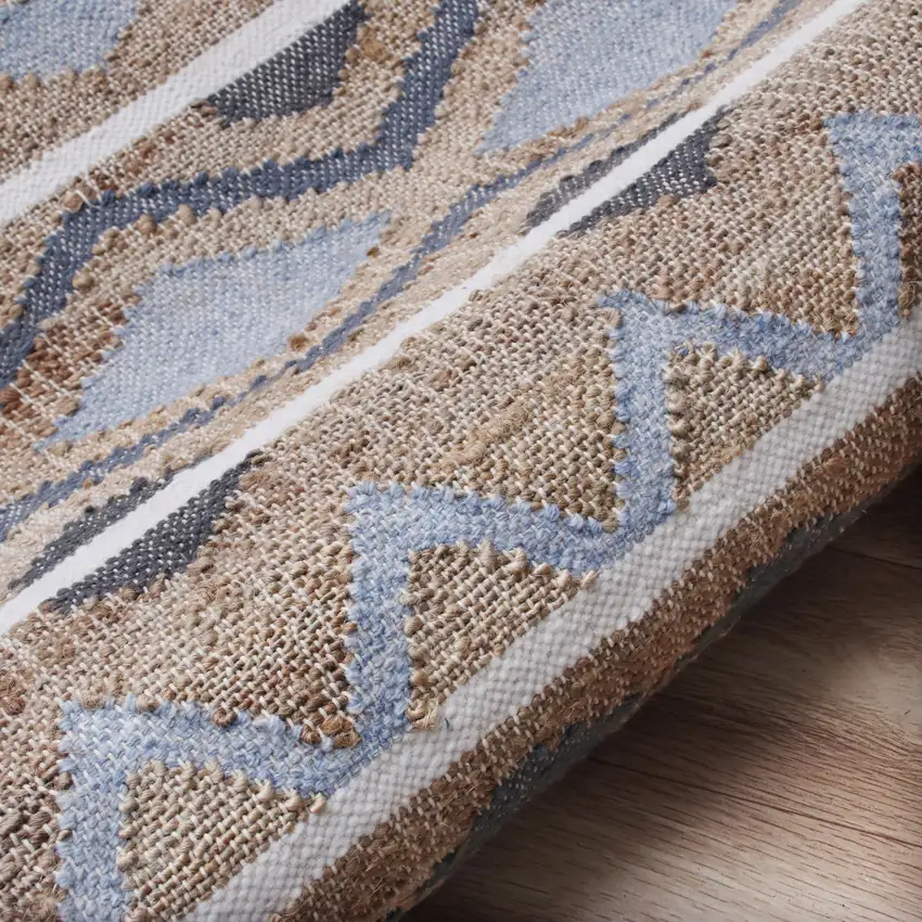 Blue Gray And Tan Geometric Hand Woven Area Rug With Fringe Photo 5