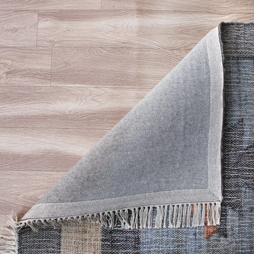 Blue Gray And Tan Tribal Hand Woven Area Rug With Fringe Photo 9