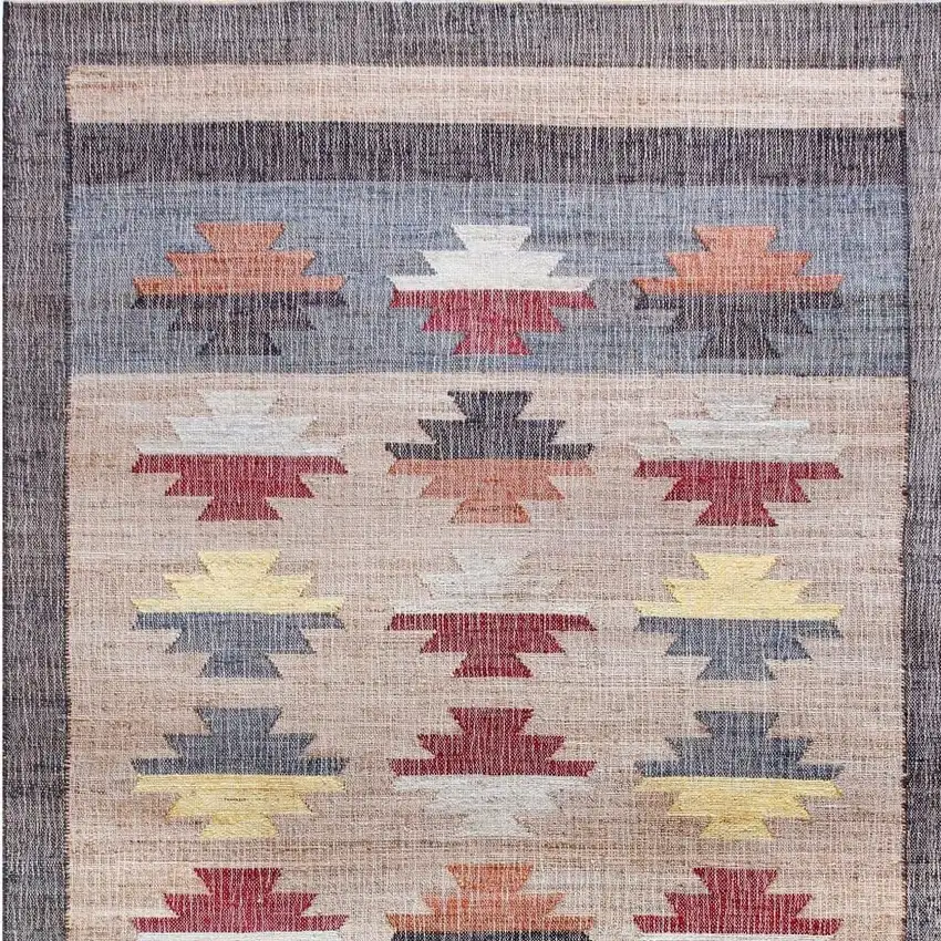 Blue Gray And Tan Tribal Hand Woven Area Rug With Fringe Photo 4